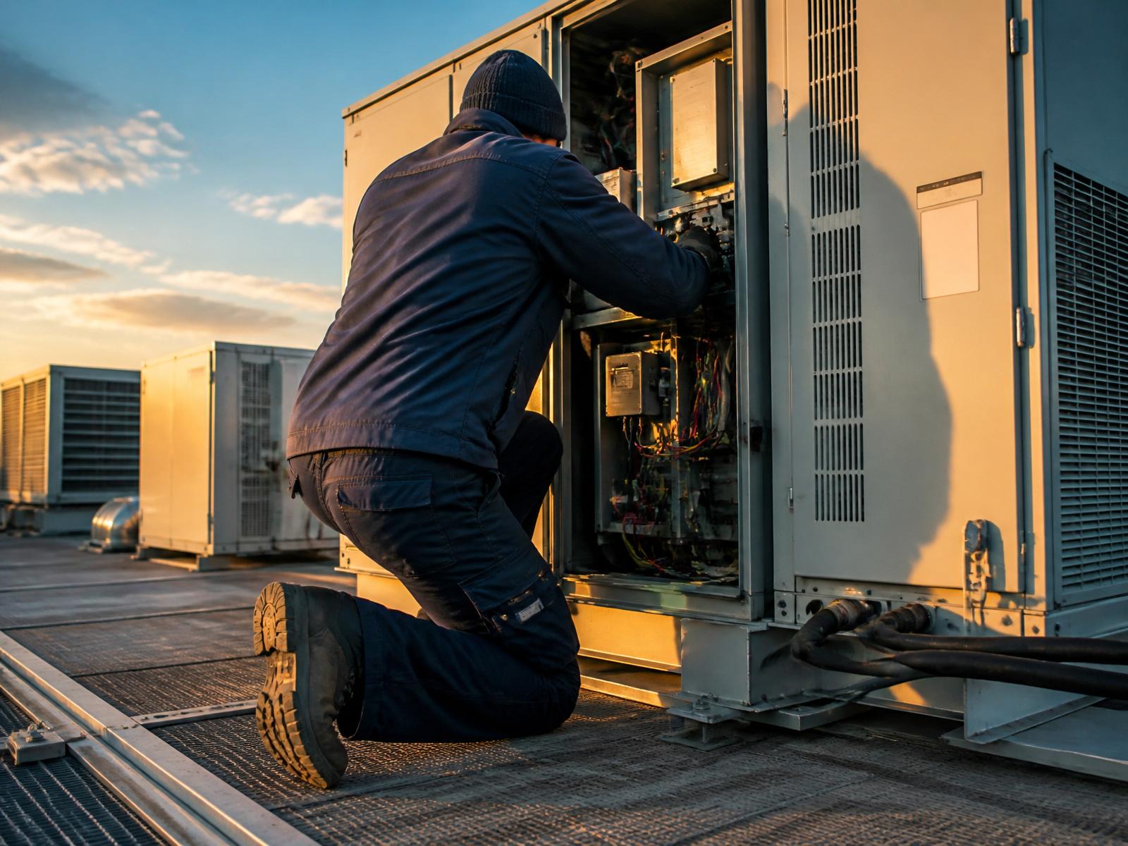 Facility maintenance technician servicing rooftop HVAC equipment